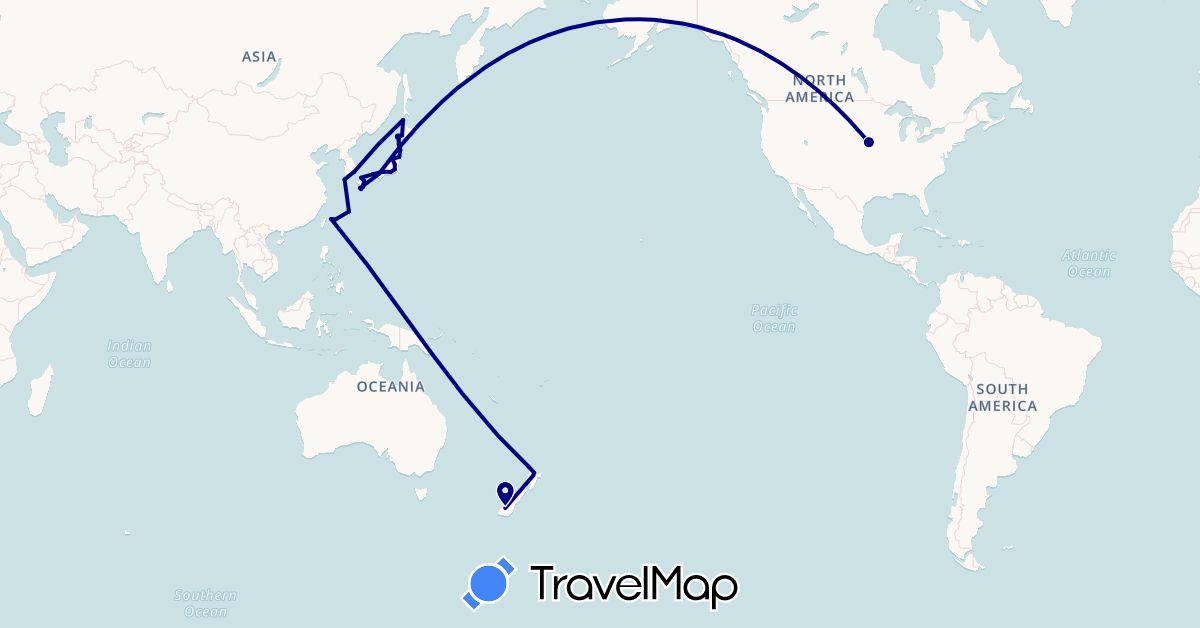 TravelMap itinerary: driving in Japan, South Korea, New Zealand, United States (Asia, North America, Oceania)